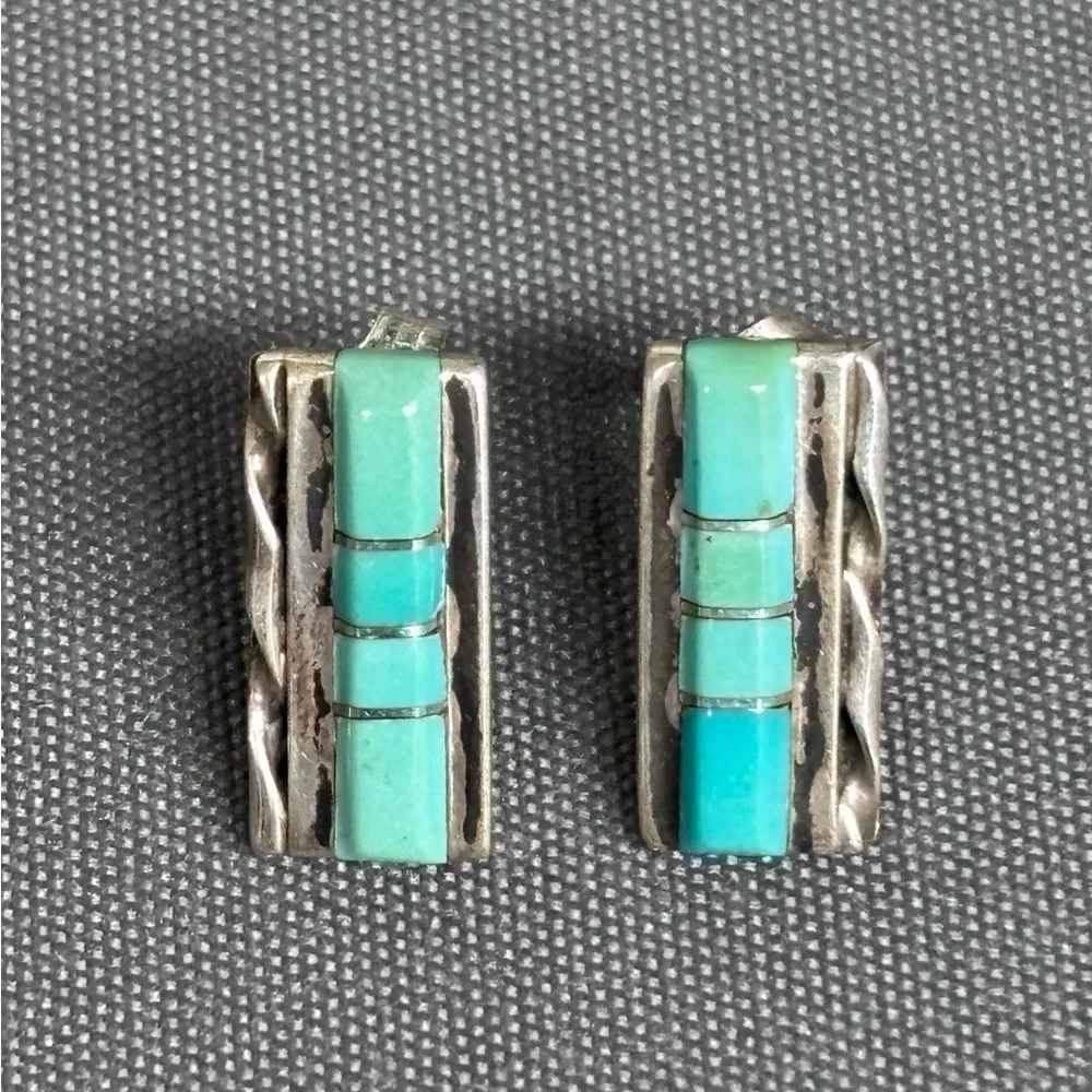 Turquoise and Silver stud earrings 1/2 inch in length signed but not identified